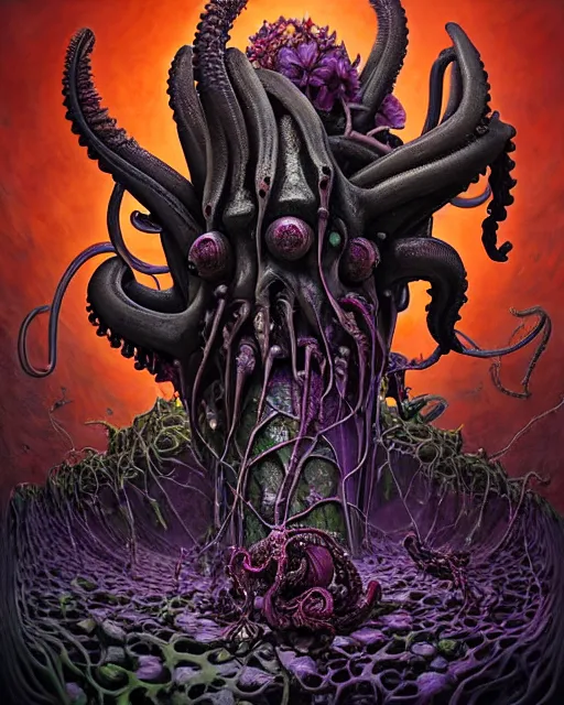 Image similar to the platonic ideal of flowers, rotting, insects and praying of cletus kasady carnage thanos dementor chtulu mandelbulb schpongle octopus bioshock xenomorph baraka dead space, ego death, decay, dmt, datura stramonium, concept art by randy vargas and zdzisław beksinski