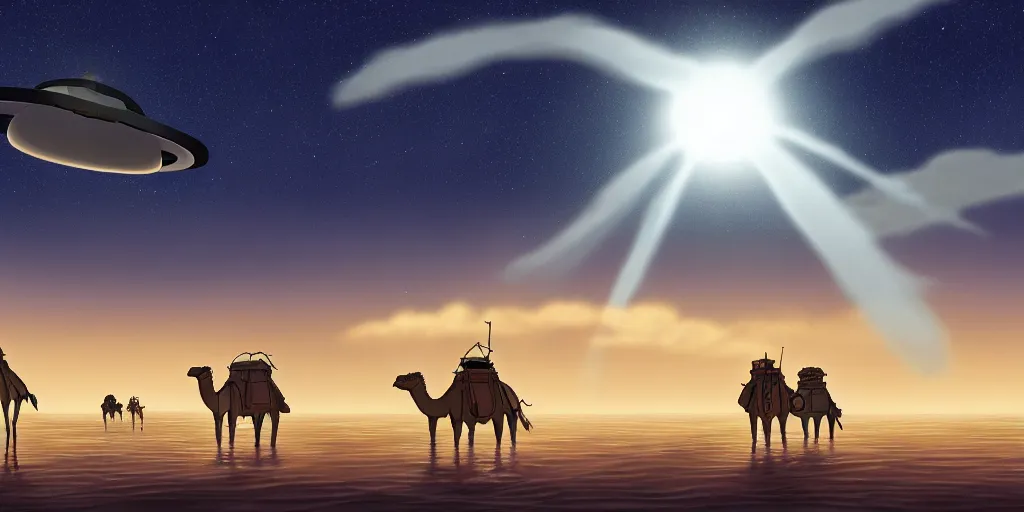 Image similar to a cell - shaded studio ghibli concept art of a hovering ufo shining a spotlight on a camel caravan in a flooded stonehenge desert on a misty starry night. very dull colors, hd, 4 k, hq