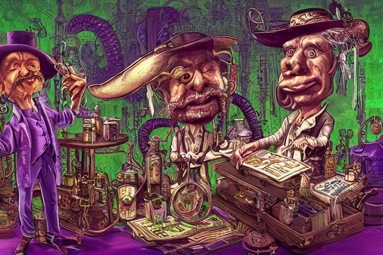 Image similar to Uncle Aloysius, snake oil salesman, wild west crypto pharmaceutical industrialist apothecary alchemist tinkerer engineer, cute, fantasy, intricate, elegant, highly detailed, digital painting, 4k, HDR, concept art, smooth, sharp focus, illustration, purple green color scheme, art by Ed Roth and H R Giger