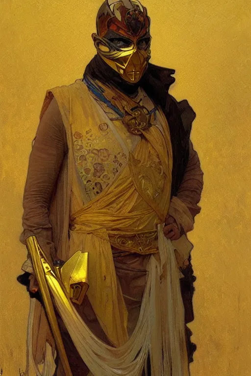 Image similar to A man wearing golden mask,painting by greg rutkowski and alphonse mucha