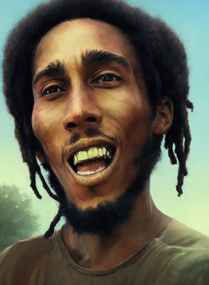 Image similar to closeup portrait of a young bob marley, serene light, gorgeous view, depth, high detail, digital art, painted by greg rutkowski and seb mckinnon, by tim burton, trending on artstation