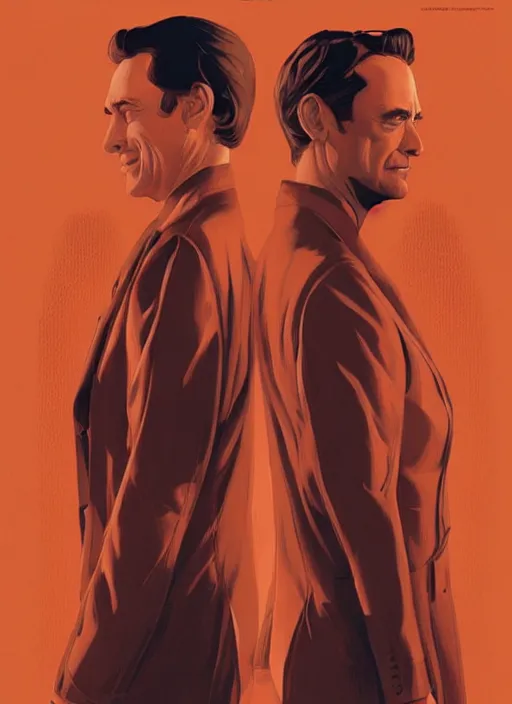 Image similar to poster artwork by Michael Whelan and Tomer Hanuka, Karol Bak of Naomi Watts Jon Hamm husband & wife portrait, creepy smiles, from scene from Twin Peaks, clean, simple illustration, nostalgic, domestic, full of details