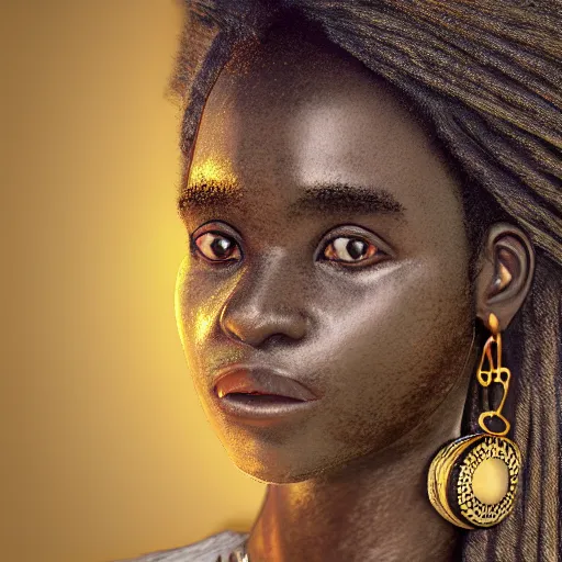 Image similar to extreme detail, african teenager, female, charles vess, gold silk clothes, klimt, hyperealistic, hdri lighting, octane