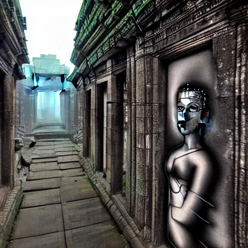 Prompt: a cyberpunk angkor thom, photorealistic, blade runner, highly detailed