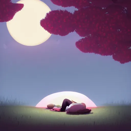 Prompt: Man sleeping under a sakura tree during a full moon by goro fujita, digital art