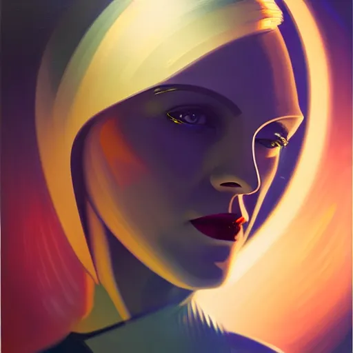 Prompt: a killian eng art deco style sci - fi pilot, blonde swedish woman, oil on canvas, smooth, sharp focus, vibrant volumetric dark natural light, dark enlightenment, alchemy, rubedo.