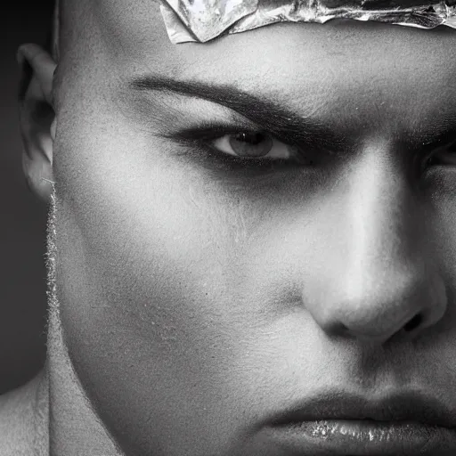 Image similar to a close up portrait of a beautiful athletic young persian male with his face covered in silver leaf , photographed by erwin olaf, artistic