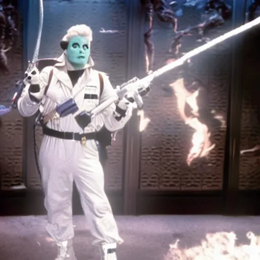 Image similar to stunning awe inspiring michael jackson as a ghostbuster in the movie ghostbusters, movie still 8 k hdr atmospheric lighting