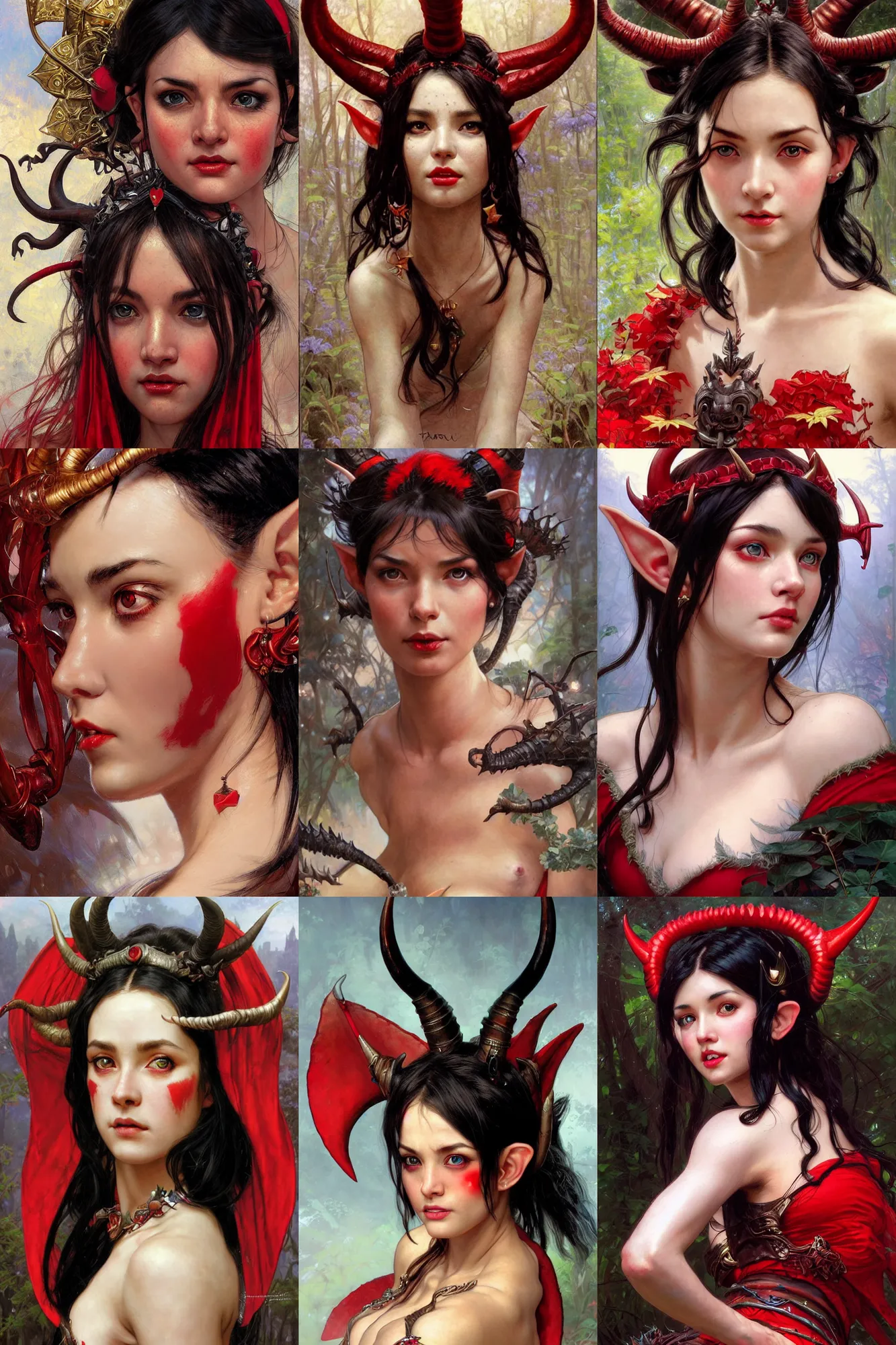 Prompt: closeup hyper-realistic portrait of beautiful high-fantasy elf girl (black hair, red skin and red eyes) with two large horns coming out of her head, intricate details, by Stanley Artgerm Lau, by greg rutkowski, by thomas kindkade, by alphonse mucha, loish, by norman rockwell J.