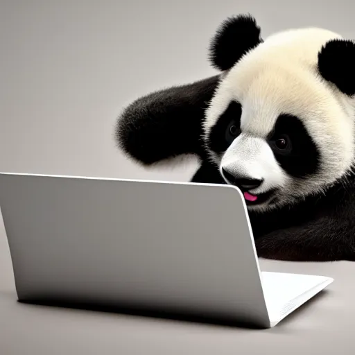 Prompt: A bored baby Panda yawning while working on his laptop, hyperrealistic, highly detailed, depth of field, High definition, 8k, octane render, artstation