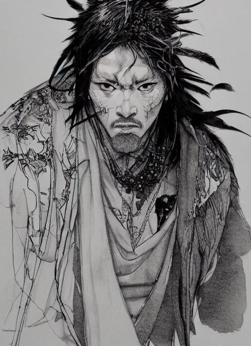 Prompt: portrait of a raven, by takehiko inoue and kim jung gi and hiroya oku, masterpiece ink illustration, realistic face and anatomy