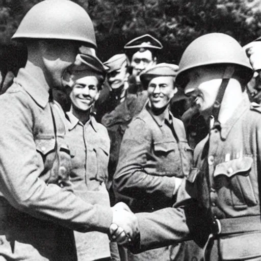 Image similar to WWII, historic photo of soldiers shaking hands, emotional photo, V-Day