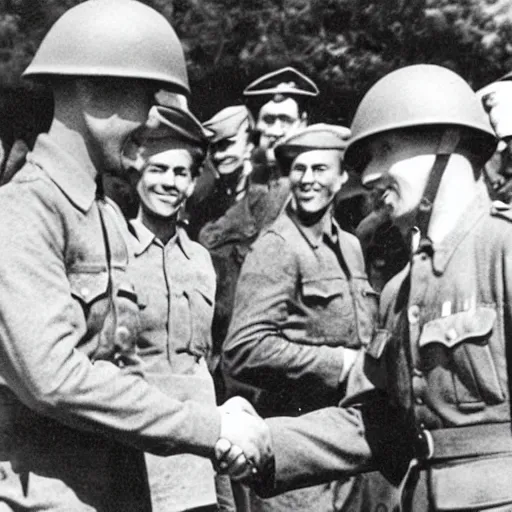 Prompt: WWII, historic photo of soldiers shaking hands, emotional photo, V-Day