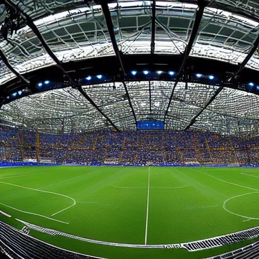 Prompt: friends arena in stockholm, a dinosaur in the middle of the pitch