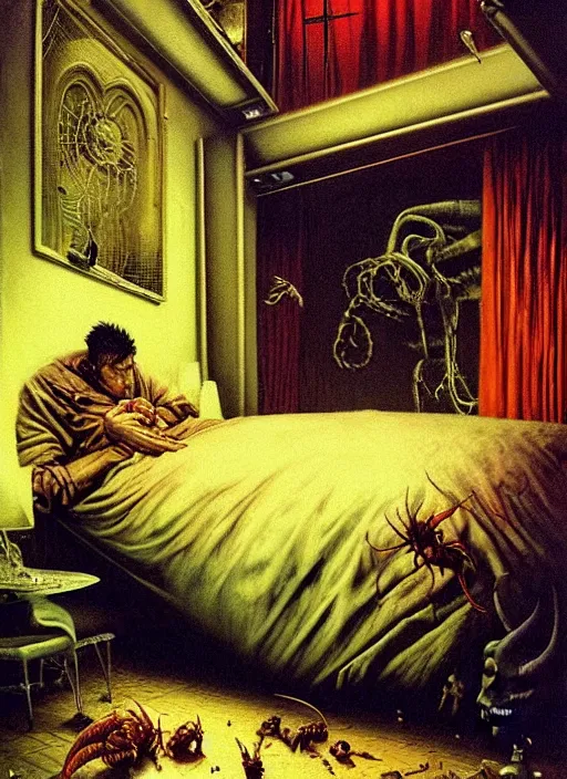 Prompt: realistic detailed image of a a man eating a cockroach in a bed in an old cozy soviet interzone apartment by david cronenberg , Ayami Kojima, Amano, Karol Bak, Greg Hildebrandt, and Mark Brooks, Neo-Gothic, gothic, rich deep colors. Beksinski painting, part by Adrian Ghenie and Gerhard Richter. art by Takato Yamamoto. masterpiece. realistic detailed image