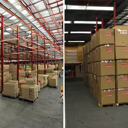 Image similar to two frames of equal size, the first is a picture of a warehouse full of boxes, the second is an identical picture to the first except the boxes are red