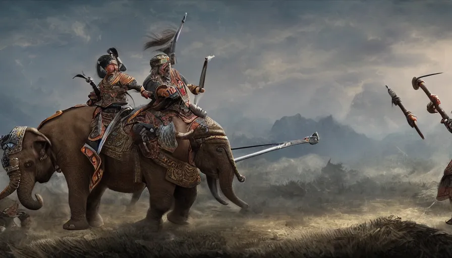 Image similar to matte painting of a beautiful batttlefield of tai ethnic group versus mongol empire, a tai ethnic warlord rides an asian war elephant with emotional movement in the center of the battlefield, digital art trending on artstation,