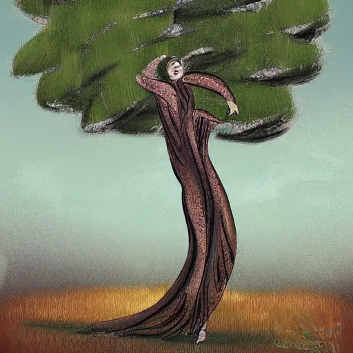 Image similar to illustration of a woman dancing near an old strong tall green persian cypress tree in wind, digital painting, artist farshchian