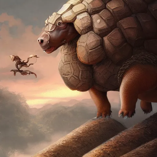 Image similar to yanonami riding a glyptodon, greg rutkowski, fantasy, intricate, elegant, highly detailed, digital painting, artstation, concept art, long shot, cinematic lighting