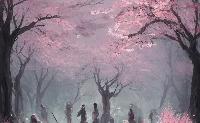 Image similar to A painting of the Grave of cherry blossoms trending on artstation in the style of Greg Rutkowski