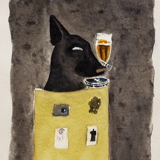 Prompt: a watercolor of a small black dog drinking beer by charles e. burchfield