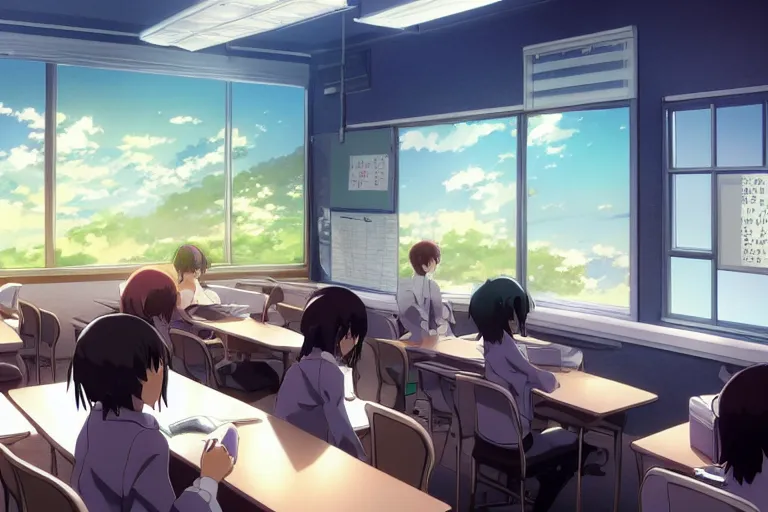 Prompt: A typical anime high school classroom, Makoto Shinkai, detailed, wallpaper