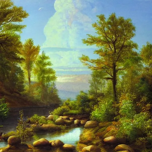 Prompt: a river passing through a forest, rocks, reflections, deer, birds, summer afternoon, nuclear explosion, highly detailed, classic painting