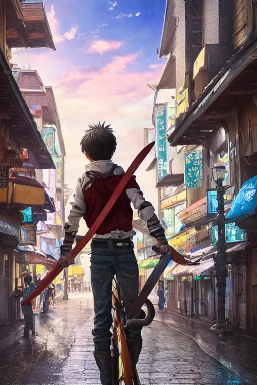 Image similar to ultra detailed keyart of sci - fy movie, a boy carrying a sword in his back is riding a simple bycycle in the main street of isekai shinjuku