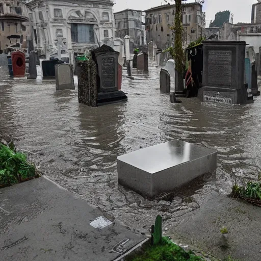 Image similar to The kinetic sculpture shows a grave that has been flooded with water. The grave is located in a cemetery in Italy. The water in the grave is dirty and there is trash floating in it. The grave is surrounded by a fence. cyberpunk by Zaha Hadid, by Tibor Nagy balmy