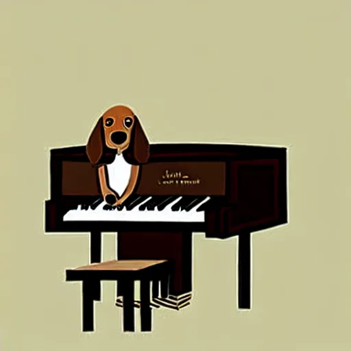 Image similar to a brown spaniel with a white chest , sat down playing a grand piano.modern. book illustration, lighting, sketched. Artwork. Jean Jullien dtyle