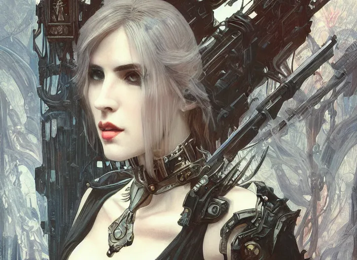 Image similar to beautiful pale gothic maiden killing Nicolas Cage, warhammer 40000, cyberpunk, intricate, elegant, highly detailed, digital painting, artstation, concept art, smooth, sharp focus, illustration, art by artgerm and greg rutkowski and alphonse mucha and Gustav Klimt and Ilya Kuvshinov