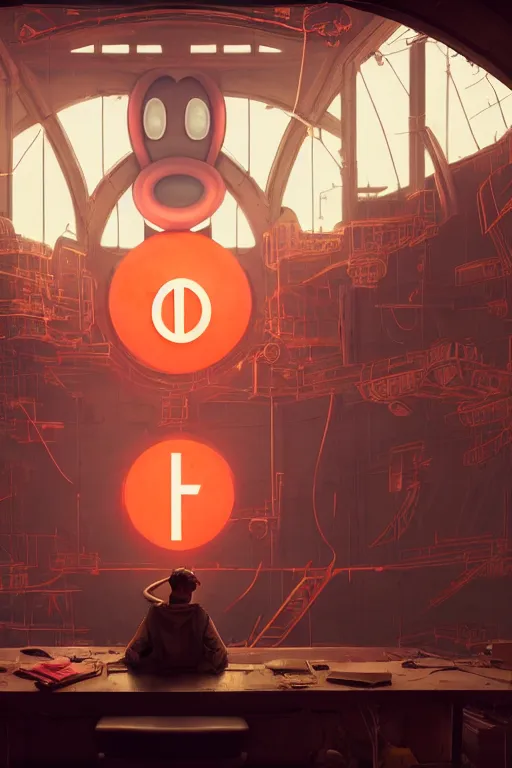 Image similar to repairing huge mickey mouse head done by constructors / workers / mechanics in some facility, big glowing netflix logo behind, greg rutkowski, beeple, gilleard, alphonse mucha cgsociety, unreal engine, octane render, highly detailed 4 k art, smooth, sharp focus, cinematic lighting, volumetric lighting, artstation,