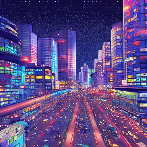 Image similar to modern beijing city view, crowd and traffic underneath the night sky, Anime style, Hyper detailed