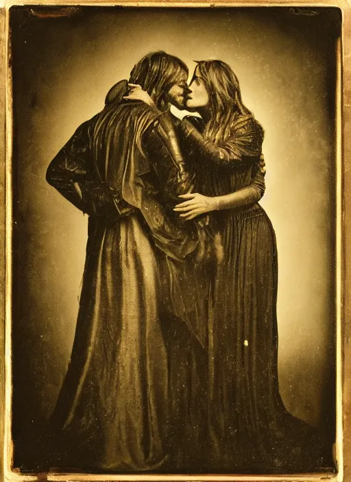 Image similar to old wetplate daguerreotype judas kiss of betrayal, fractal, intricate, elegant, highly detailed, parallax, leica, medium format, subsurface scattering, by jheronimus bosch and greg rutkowski and louis jacques mande daguerre