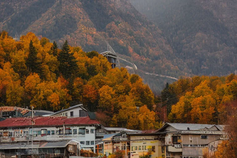 Image similar to warehouses lining a street, with an autumn mountain directly behind it. radio tower on the mountain, lens compression. photography