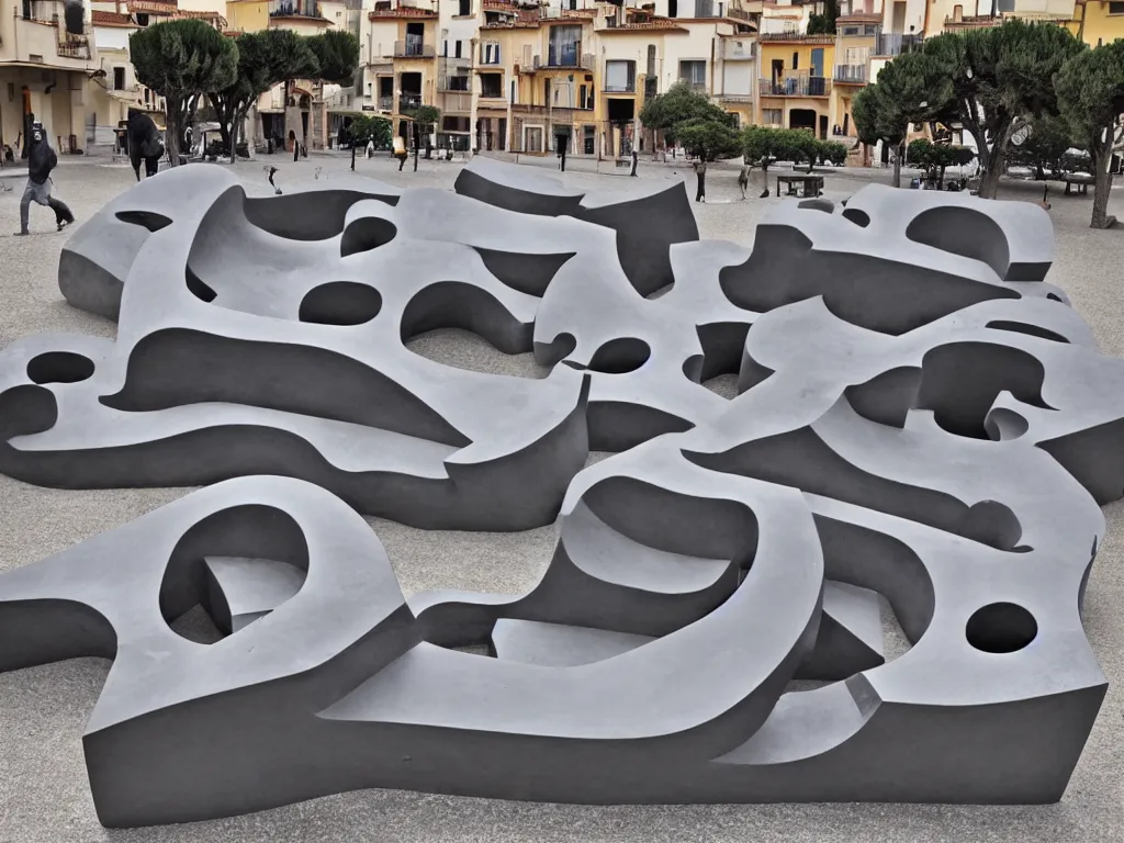 Prompt: huge plastic sculpture by eduardo chillida on a mediterranean town square