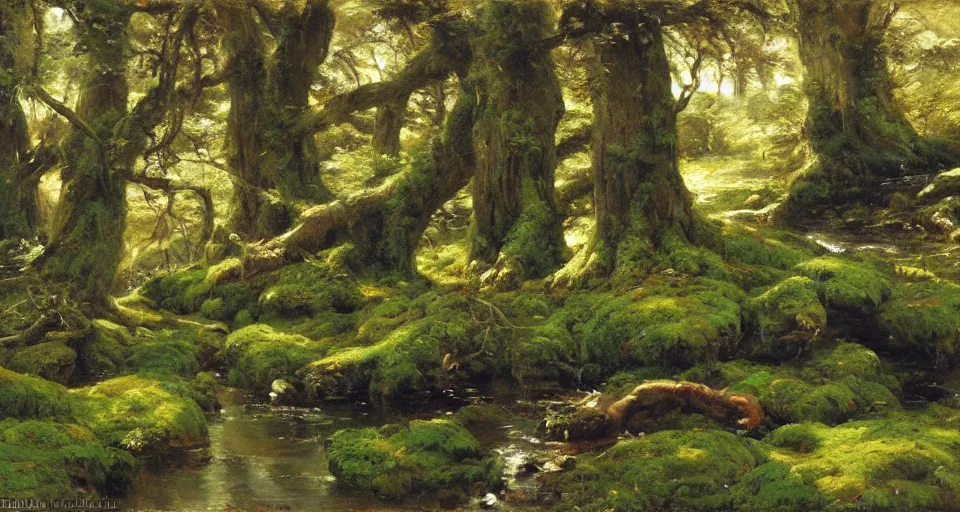 Prompt: ancient oak forest, mossy rocks, stream, oil painting, vivid colors, brush strokes, elegant, highly detailed, by richard schmid and john singer sargent