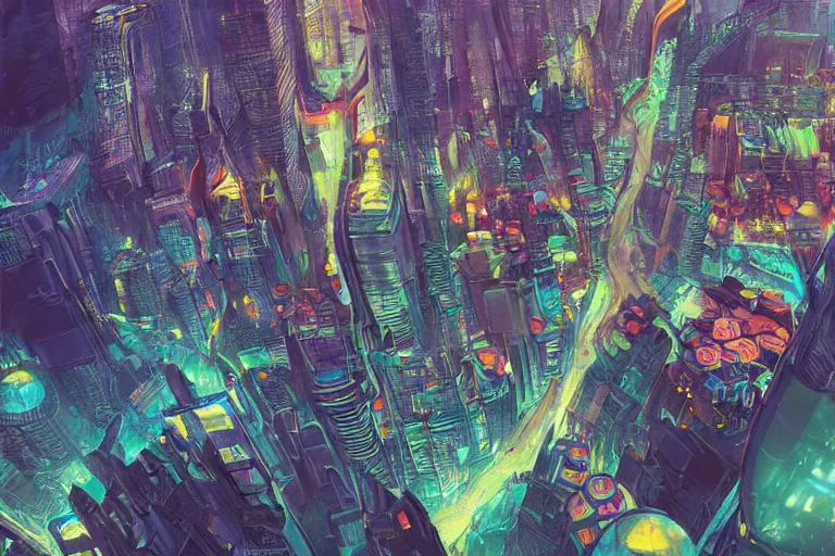 Image similar to futuristic city of metro manila, binondo, illustration painting, intricate, detailed illustration, hd, digital art, overdetailed art, concept art, complementing colors, detailed, illustration painting by leonardo da vinci, digital art, overdetailed art, concept art, complementing colors rendered by beeple, syd meade,