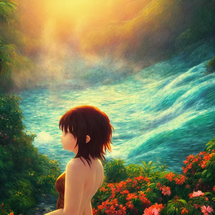 Prompt: an epic makoto shinkai and renoir landscape with a hawaiian waterfall, golden hour, 🌺, a beautiful woman with long brown hair, ultra smooth, octane render, lois van baarle, ilya kuvshinov