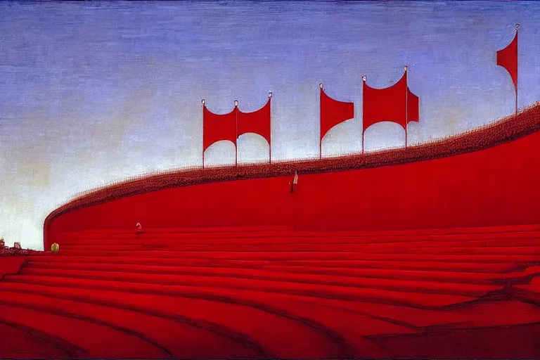 Image similar to only with red, a red great emperor, taormina amphitheatre, crowd with big smile, in the style of beksinski, parts by edward hopper, parts by rodcenko, parts by yue minjun, intricate and epic composition, red by caravaggio, insanely quality, highly detailed, masterpiece, red light, artstation, 4 k