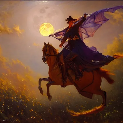 Image similar to attractive male witch magically flying trough the night, fantasy, full moon in background. highly detailed painting by gaston bussiere, craig mullins, j. c. leyendecker, mid shot, 8 k