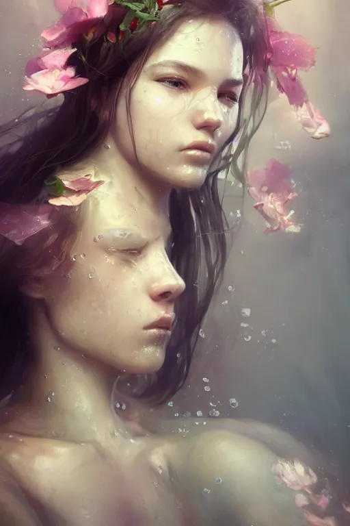 Image similar to face closeup a young beautiful girl drowned in water, underwater photography, swimming, 3 d render, hyper realistic detailed portrait, holding magic flowers, ruan jia, wlop. scifi, fantasy, hyper detailed, octane render, concept art, by peter mohrbacher, by wlop, by ruan jia