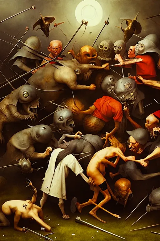 Image similar to hieronymus bosch, greg rutkowski, anna podedworna, painting of a twitch moderators fighting over who is more pathetic