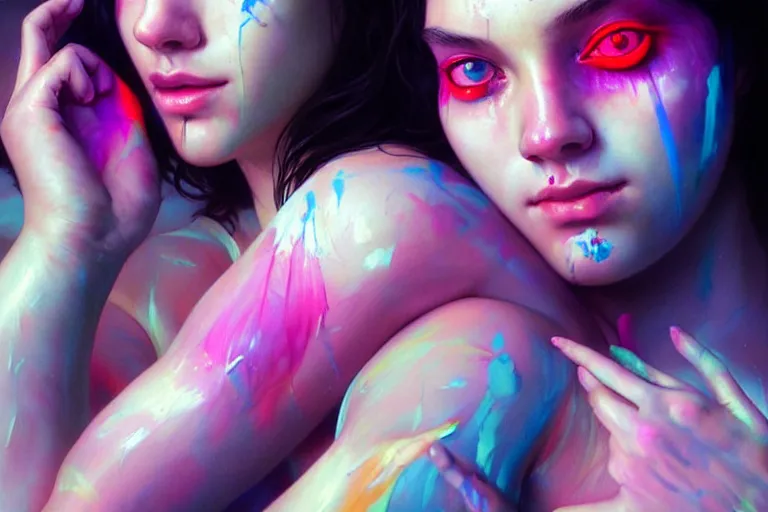 Prompt: three college girls rolling hard on ecstasy, drenched in sweat and covered in florescent paint, kissing sensually with dilated pupils, realistic portrait, highly detailed, digital painting, artstation, concept art, smooth, sharp focus, illustration, cinematic lighting, art by artgerm and greg rutkowski and alphonse mucha