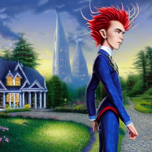 Prompt: Character illustration of a beautiful androgynous actress with messy spiked red hair, dark skin, and tufted elf ears and dressed in a blue men's suit with a yellow tie, with a cottage by Thomas Kinkade in the background, artstation