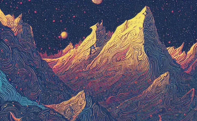 Image similar to mountains, stars and paisley filled sky, artstation, intricate, highly detailed, digital painting, concept art, sharp focus, illustration by Kilian Eng and James Gilleard