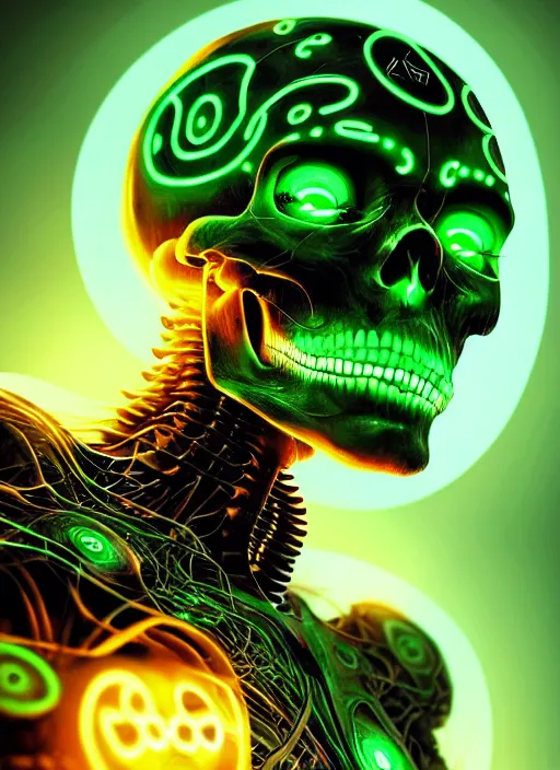 Image similar to extreme close up, portrait of a cyber skeleton, green glowing runes surrounding, exuding green energy runes, intricate, elegant, glowing lights, highly detailed, digital painting, artstation, concept art, smooth, sharp focus, illustration, art by wlop, mars ravelo and greg rutkowski