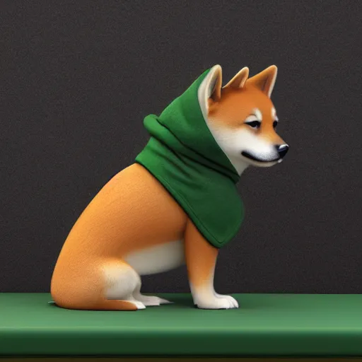 Image similar to a Shiba Inu wearing a green hoodie sitting on a couch, photo realistic, trending on artstation, HDR, nicely detailed, 8k