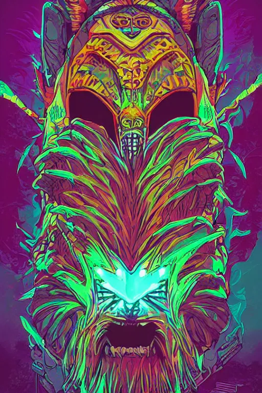 Image similar to totem animal tribal chaman vodoo mask feather gemstone plant video game illustration vivid color borderlands by josan gonzales and dan mumford radiating a glowing aura