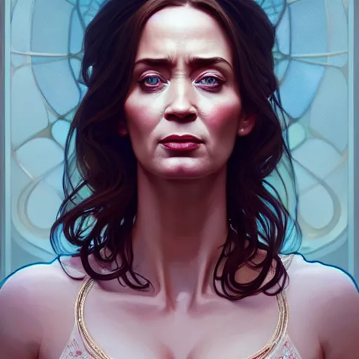 Prompt: character concept portrait of emily blunt, beautiful voluminous muscular tall healthy and virtuous. modestly clothed, intricate, elegant, highly detailed, digital painting, artstation, concept art, symmetry, smooth, sharp focus, illustration, art by mandy jurgens and alphonse mucha and alena aenami